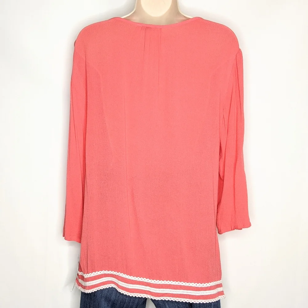 Hannah boho embroidery 3/4 sleeve top‎ coral. New With Tag sz:S